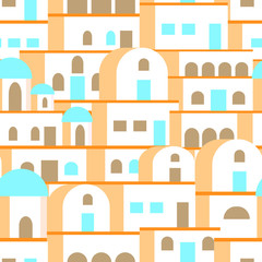 Santorini island tourism, architecture, seamless pattern. Holidays in Greece. Vector illustration in flat style.