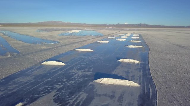Aerial of a salt and lithium extraction site in Uyuni salt flat, Bolivia