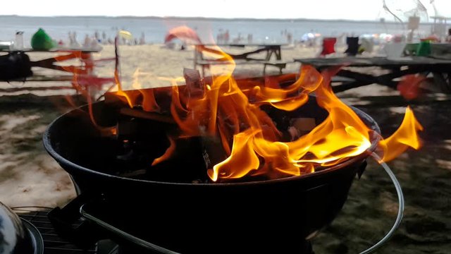 Bright fire flames over a barbecue lying at a distance from the seashore of Oka Beach on  lovely windy and sunny day.A static shot.Concept of beach side party.