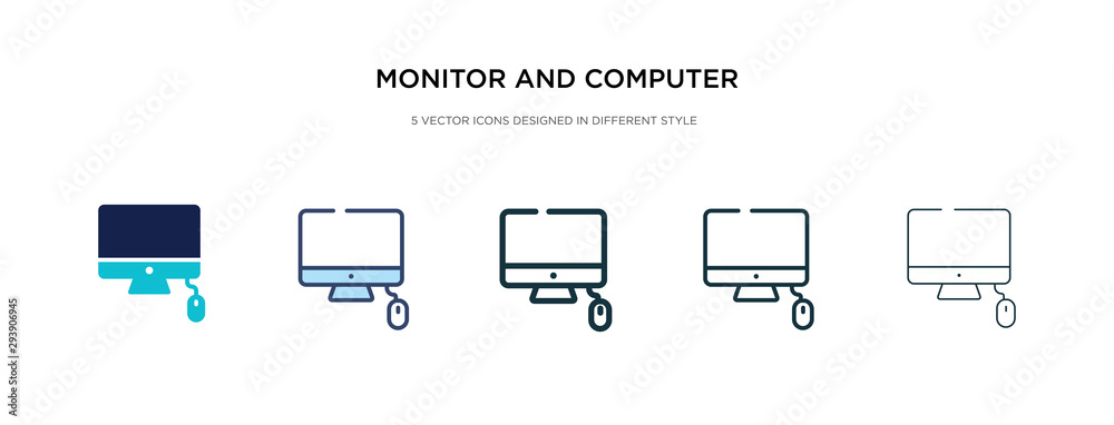 Poster monitor and computer mouse icon in different style vector illustration. two colored and black monito