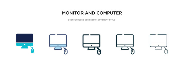 monitor and computer mouse icon in different style vector illustration. two colored and black monitor and computer mouse vector icons designed in filled, outline, line stroke style can be used for