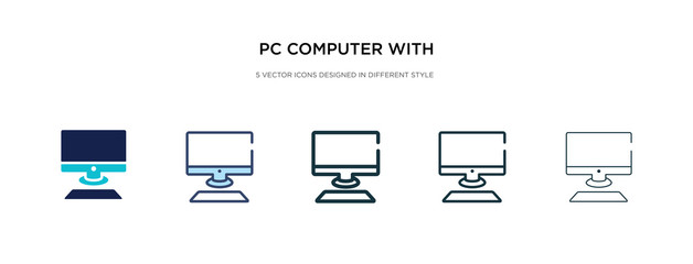 pc computer with monitor icon in different style vector illustration. two colored and black pc computer with monitor vector icons designed in filled, outline, line and stroke style can be used for - obrazy, fototapety, plakaty