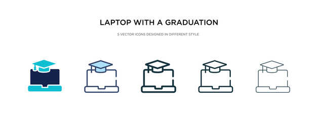 laptop with a graduation cap icon in different style vector illustration. two colored and black laptop with a graduation cap vector icons designed in filled, outline, line and stroke style can be