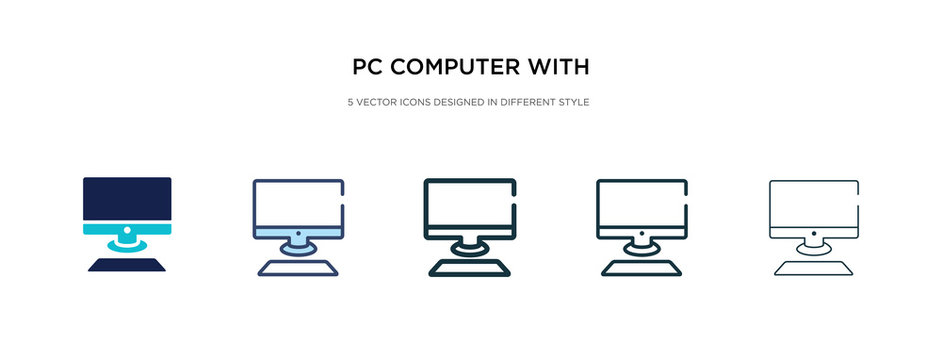 pc computer with monitor icon in different style vector illustration. two colored and black pc computer with monitor vector icons designed in filled, outline, line and stroke style can be used for