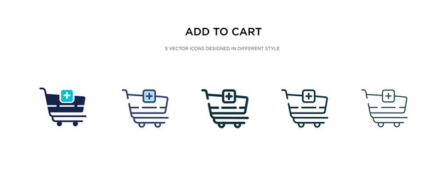 add to cart icon in different style vector illustration. two colored and black add to cart vector icons designed in filled, outline, line and stroke style can be used for web, mobile, ui © zaurrahimov
