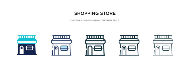 shopping store icon in different style vector illustration. two colored and black shopping store vector icons designed in filled, outline, line and stroke style can be used for web, mobile, ui