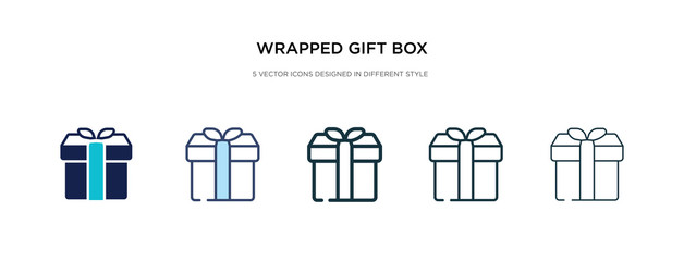 wrapped gift box with ribbon icon in different style vector illustration. two colored and black wrapped gift box with ribbon vector icons designed in filled, outline, line and stroke style can be - obrazy, fototapety, plakaty