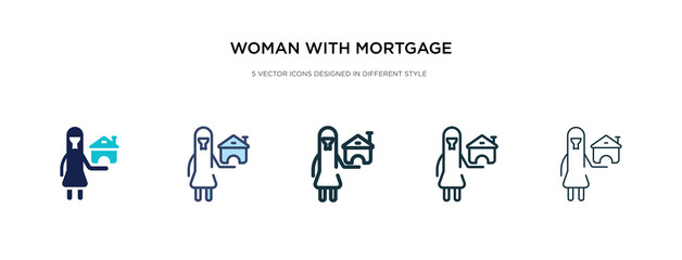 woman with mortgage icon in different style vector illustration. two colored and black woman with mortgage vector icons designed in filled, outline, line and stroke style can be used for web,