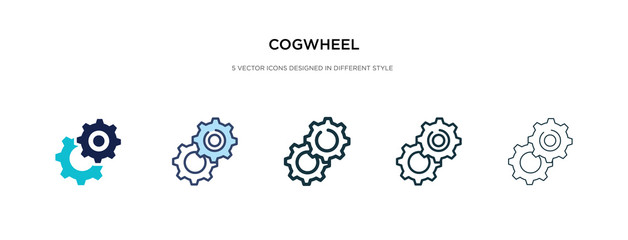 cogwheel icon in different style vector illustration. two colored and black cogwheel vector icons designed in filled, outline, line and stroke style can be used for web, mobile, ui