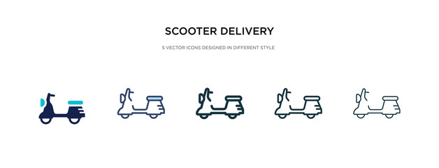 scooter delivery icon in different style vector illustration. two colored and black scooter delivery vector icons designed in filled, outline, line and stroke style can be used for web, mobile, ui © zaurrahimov