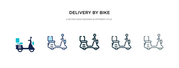 delivery by bike icon in different style vector illustration. two colored and black delivery by bike vector icons designed in filled, outline, line and stroke style can be used for web, mobile, ui