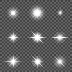 White shine flare light, sun or star. Flash effect, lens flare, sunlight ray with lightning on transparent background. Bright light spark. Glow shine stars, sparkle dust particles. vector illustration