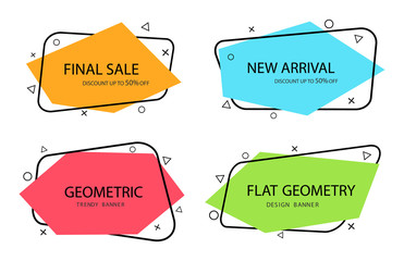 Set of trendy banner with flat shape. Design label element with geometric shape for discount sale.Vivid background template with title text for banner, label. vector illustration