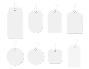 Mockup tag, paper label. Template blank tag for price shopping, hang sale, gift card.Design labels with cord. Round, square shape of hang stamp isolated.Blank paper price for sale.vector