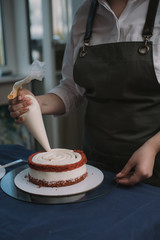 confectioner squeezes the cream on the cake. Girl making a cake