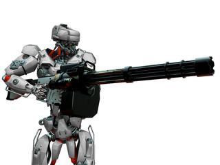 mechanical soldier holding a machine gun