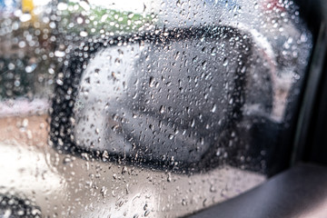 Rainwater is stuck on car clear glass on heavy rain days