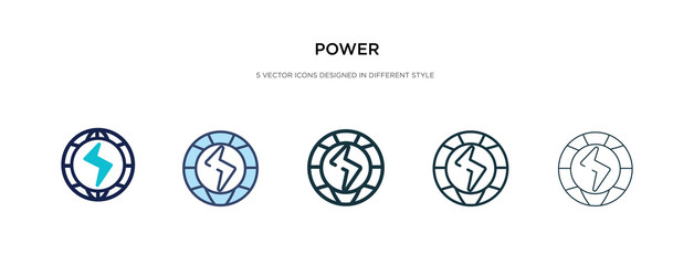 power icon in different style vector illustration. two colored and black power vector icons designed in filled, outline, line and stroke style can be used for web, mobile, ui
