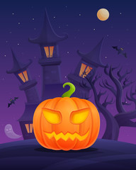 Halloween cartoon poster with pumpkin on castle background at night, vector illustration