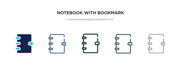 notebook with bookmark icon in different style vector illustration. two colored and black notebook with bookmark vector icons designed in filled, outline, line and stroke style can be used for web,