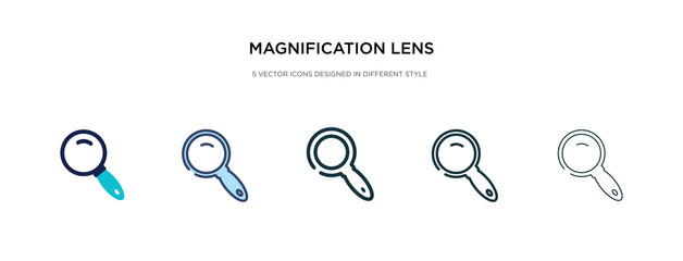 magnification lens icon in different style vector illustration. two colored and black magnification lens vector icons designed in filled, outline, line and stroke style can be used for web, mobile,