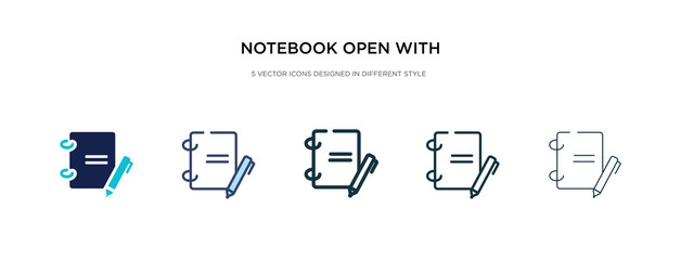 notebook open with bookmark icon in different style vector illustration. two colored and black notebook open with bookmark vector icons designed in filled, outline, line and stroke style can be used