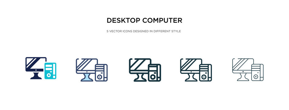 desktop computer icon in different style vector illustration. two colored and black desktop computer vector icons designed in filled, outline, line and stroke style can be used for web, mobile, ui