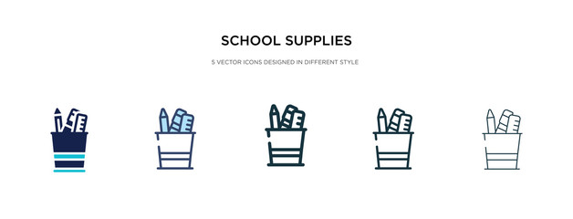 school supplies icon in different style vector illustration. two colored and black school supplies vector icons designed in filled, outline, line and stroke style can be used for web, mobile, ui - obrazy, fototapety, plakaty