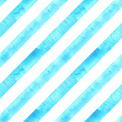 Watercolor teal blue turquoise diagonal stripes on white background. Striped seamless pattern