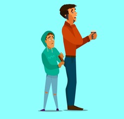 A child steals a purse from a man's back pocket. Vector illustration.