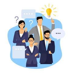 Businessman and businesswomen with a question mark and a light bulb over his head. Many questions and insight. People having business idea vector illustration.