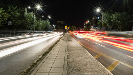 Junction at night, light trails
