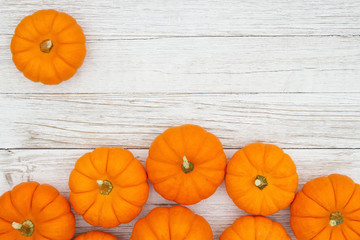 Orange pumpkins on weathered whitewash wood textured background
