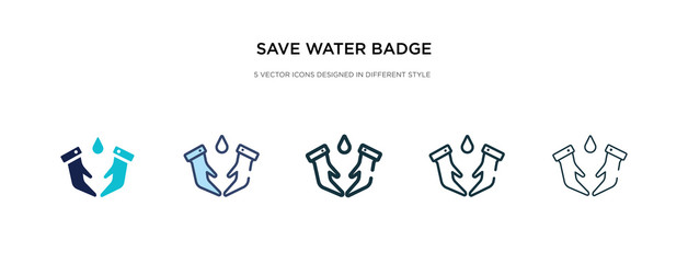 save water badge icon in different style vector illustration. two colored and black save water badge vector icons designed in filled, outline, line and stroke style can be used for web, mobile, ui