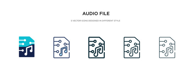 audio file icon in different style vector illustration. two colored and black audio file vector icons designed in filled, outline, line and stroke style can be used for web, mobile, ui