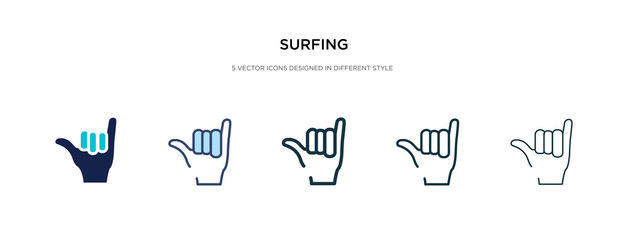surfing icon in different style vector illustration. two colored and black surfing vector icons designed in filled, outline, line and stroke style can be used for web, mobile, ui - obrazy, fototapety, plakaty