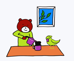 a bear&a parrot in tea time