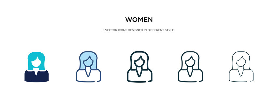 Women Icon In Different Style Vector Illustration. Two Colored And Black Women Vector Icons Designed In Filled, Outline, Line And Stroke Style Can Be Used For Web, Mobile, Ui