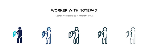 worker with notepad icon in different style vector illustration. two colored and black worker with notepad vector icons designed in filled, outline, line and stroke style can be used for web,