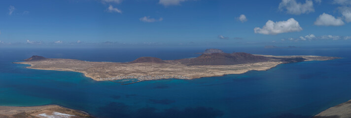 Scenery of Lanzarote - panoramic view of La Graciosa island view from Mirador del Rio. Canary islands