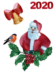 watercolor illustration. hand drawing. greeting card with santa claus, holly, bullfinch and christmas bell.