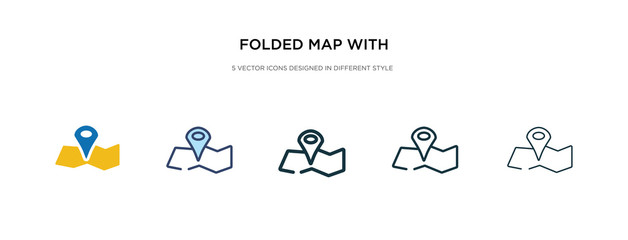 folded map with position mark icon in different style vector illustration. two colored and black folded map with position mark vector icons designed in filled, outline, line and stroke style can be