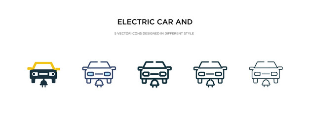 electric car and plug icon in different style vector illustration. two colored and black electric car and plug vector icons designed in filled, outline, line stroke style can be used for web,