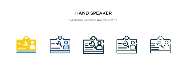 hand speaker icon in different style vector illustration. two colored and black hand speaker vector icons designed in filled, outline, line and stroke style can be used for web, mobile, ui