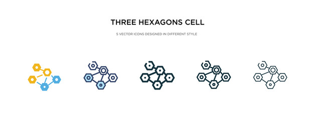 three hexagons cell icon in different style vector illustration. two colored and black three hexagons cell vector icons designed in filled, outline, line and stroke style can be used for web,