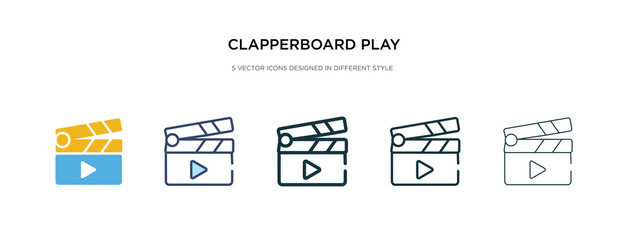 clapperboard play button icon in different style vector illustration. two colored and black clapperboard play button vector icons designed in filled, outline, line and stroke style can be used for