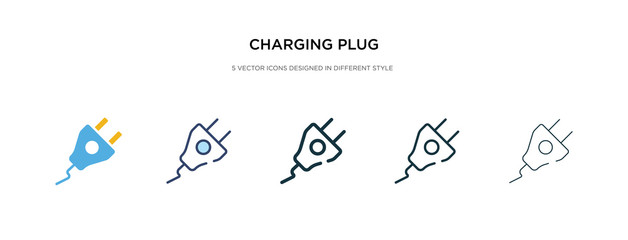 charging plug icon in different style vector illustration. two colored and black charging plug vector icons designed in filled, outline, line and stroke style can be used for web, mobile, ui