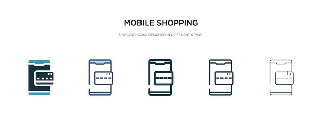 mobile shopping icon in different style vector illustration. two colored and black mobile shopping vector icons designed in filled, outline, line and stroke style can be used for web, mobile, ui