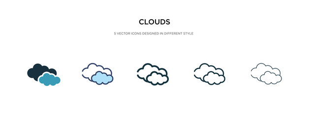 clouds icon in different style vector illustration. two colored and black clouds vector icons designed in filled, outline, line and stroke style can be used for web, mobile, ui - obrazy, fototapety, plakaty