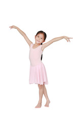 Happy Asian ballet dancer girl in pink tutu skirt isolated on white background. Little child girl...